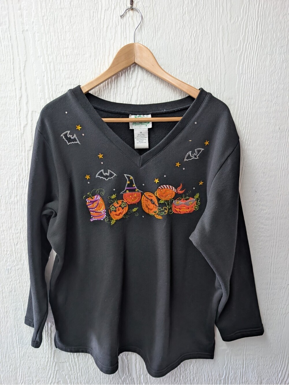 Quacker Factory Halloween Embroidered Beaded Sweatshirt Pullover Pumpkins 1X